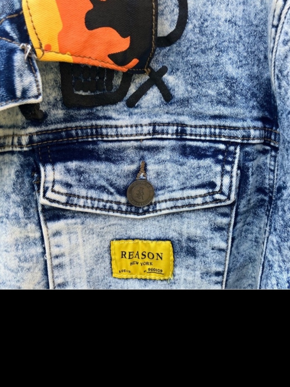 Men's Blue Graphic Denim Jacket with Red Flame Accents - Picture 7 of 10